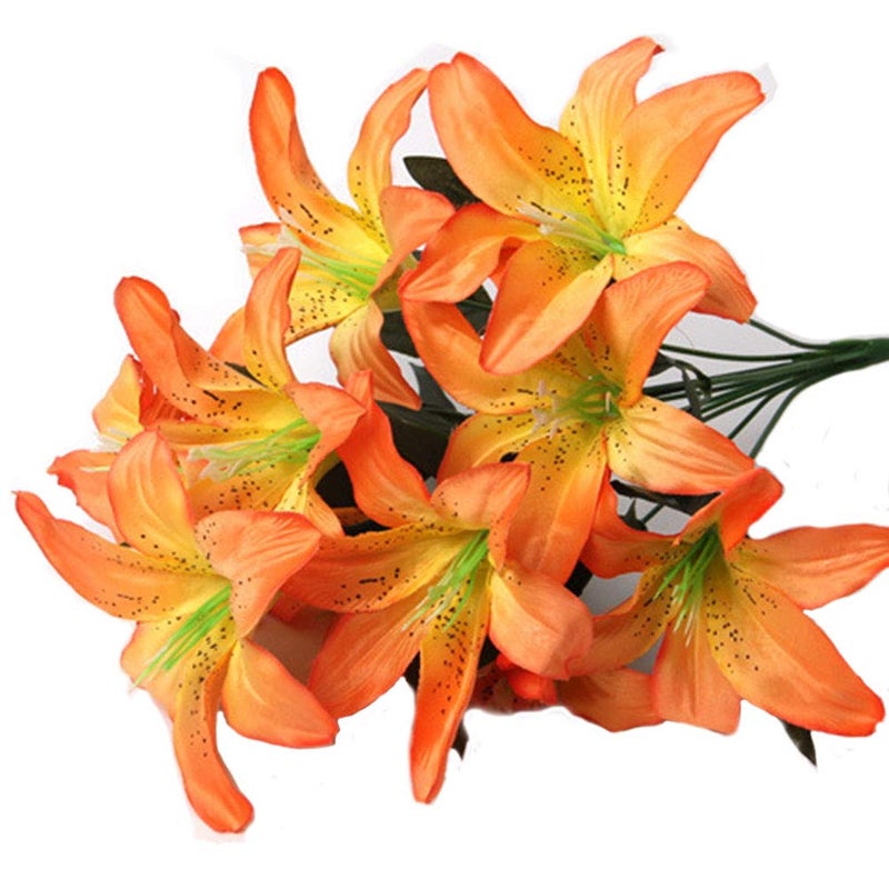 Artfen Artificial Lily 10 Heads Fake Lily Artificial Flower Wedding Party Decor Bouquet Home Hotel Office Garden Craft Art Decor Orange - Image 1
